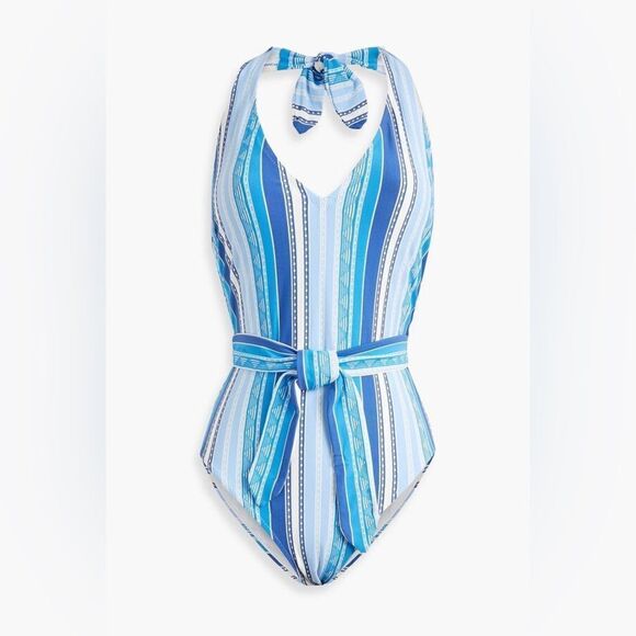 Lemlem Blue and White Halter One-Piece Swimsuit - Picture 1 of 7